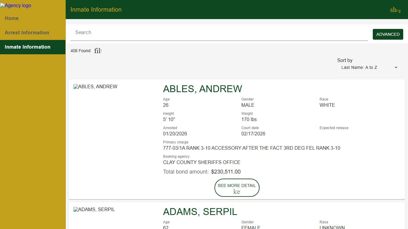 Clay County Sheriff's Office Police to Citizen - Inmates catalog